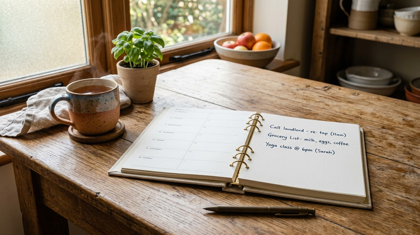 A clean weekly planner laid out on a kitchen table with three short handwritten notes, a mug of tea in the corner