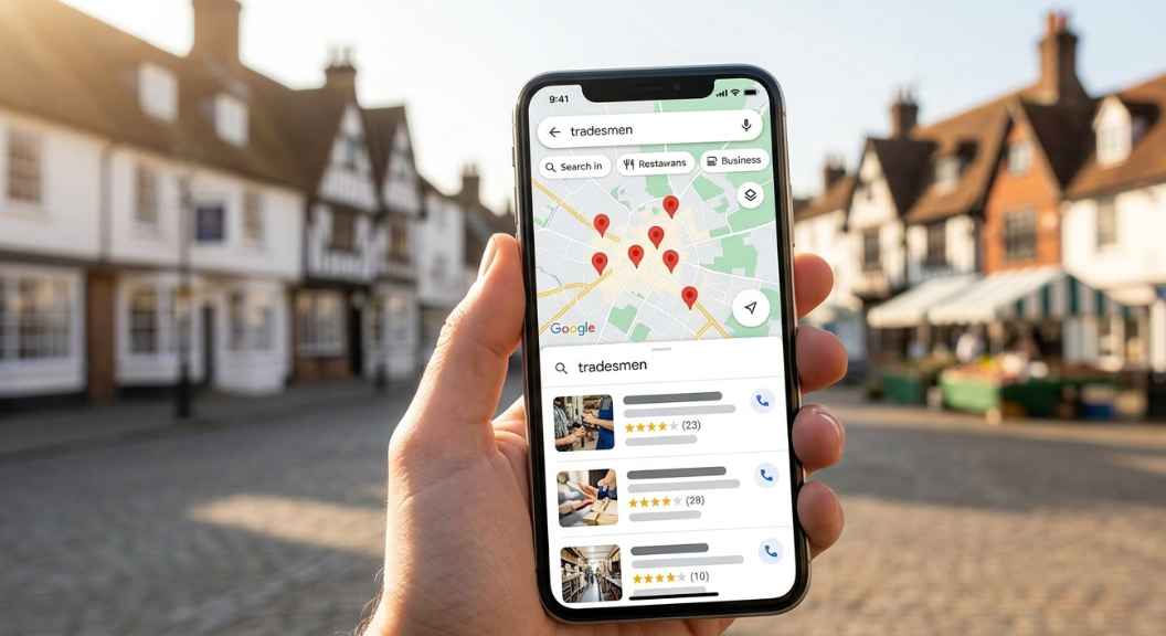 A smartphone showing Google Maps local search results for tradesmen with star ratings and review counts visible, warm natural light, photorealistic, no text, Kent town in background