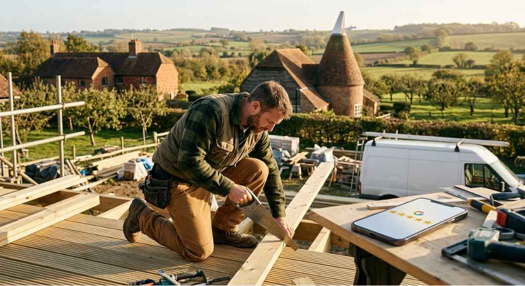  A tradesman on a job site in Kent completing work while a notification appears on his phone showing a new 5-star Google review, warm daylight, photorealistic, no text, no logos