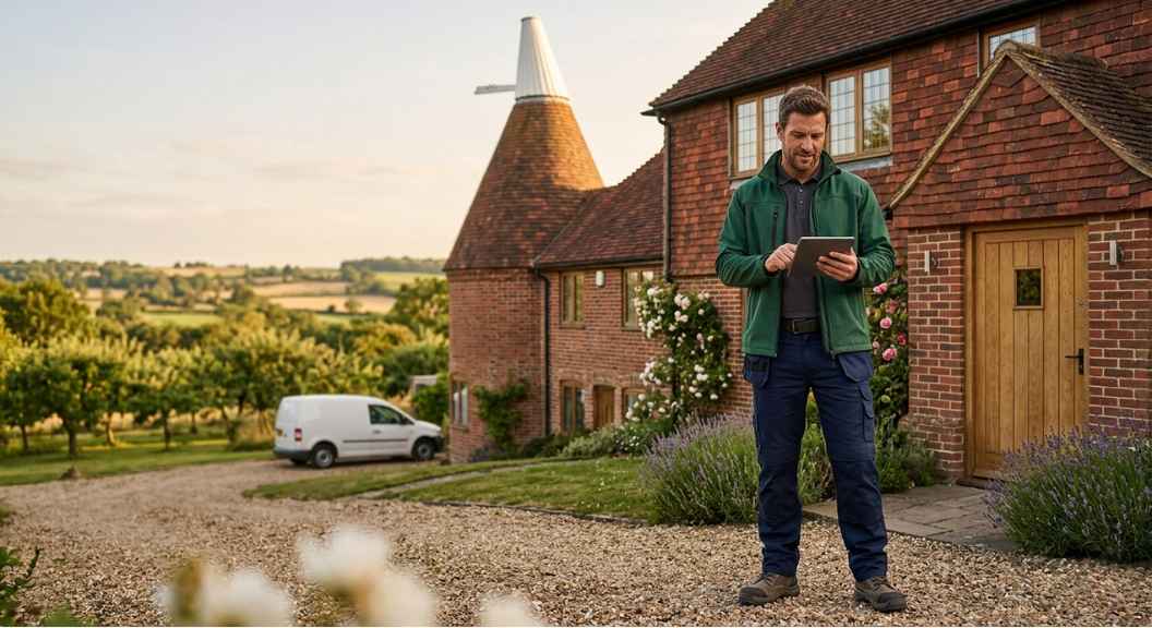 A confident male tradesman in branded workwear reviewing enquiries on a tablet outside a Kent property, warm afternoon light, photorealistic, no text, no logos, garden and countryside visible in background