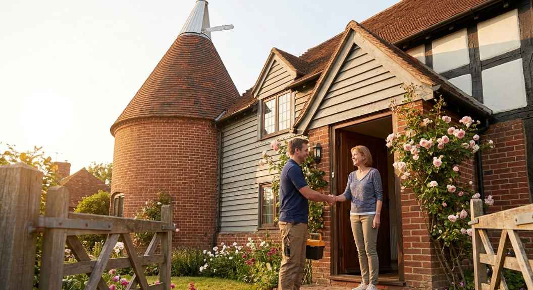 A happy tradesman shaking hands with a homeowner at the front door of a Kent residential property, warm afternoon light, photorealistic, no text, no logos, traditional Kent house style visible