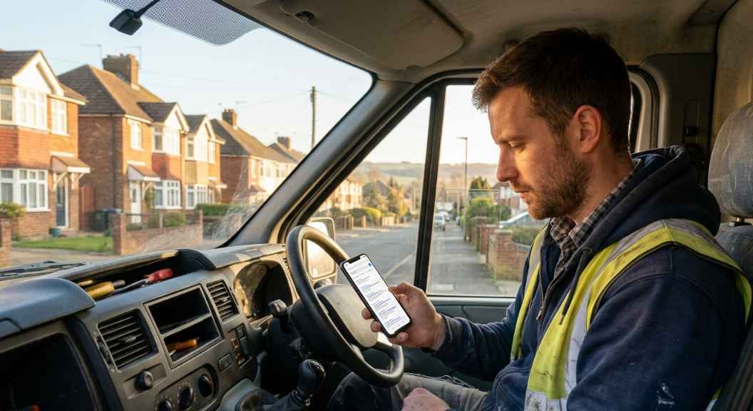 A male builder reviewing his smartphone showing Google search results while sitting in his work van parked on a Kent residential street, warm morning light, photorealistic, no text, no logos A male builder reviewing his smartphone showing Google search results while sitting in his work van parked on a Kent residential street, warm morning light, photorealistic, no text, no logos