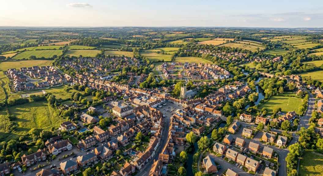 An aerial view of a Kent market town showing a mix of period properties and newer developments, warm afternoon light, photorealistic, no text, no logos, rolling countryside visible in background An aerial view of a Kent market town showing a mix of period properties and newer developments, warm afternoon light, photorealistic, no text, no logos, rolling countryside visible in background