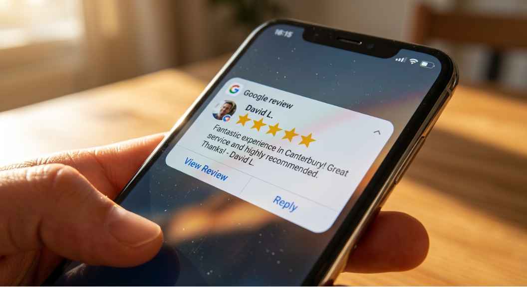 A close-up of a smartphone screen showing a 5-star Google review notification with a Kent town name visible in the review text, warm natural light, photorealistic, no text on screen beyond star icons A close-up of a smartphone screen showing a 5-star Google review notification with a Kent town name visible in the review text, warm natural light, photorealistic, no text on screen beyond star icons
