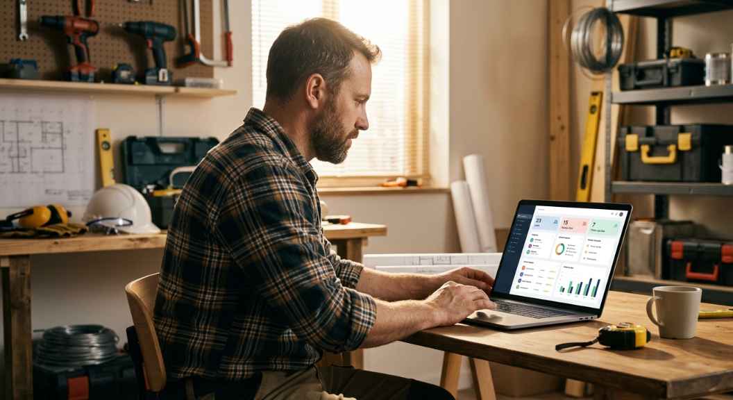 A tradesman reviewing a clean professional dashboard on a laptop showing new lead enquiries, review requests sent, and follow-up messages, warm natural office light, photorealistic, no text on screen, tools and work gear visible in background A tradesman reviewing a clean professional dashboard on a laptop showing new lead enquiries, review requests sent, and follow-up messages, warm natural office light, photorealistic, no text on screen, tools and work gear visible in background