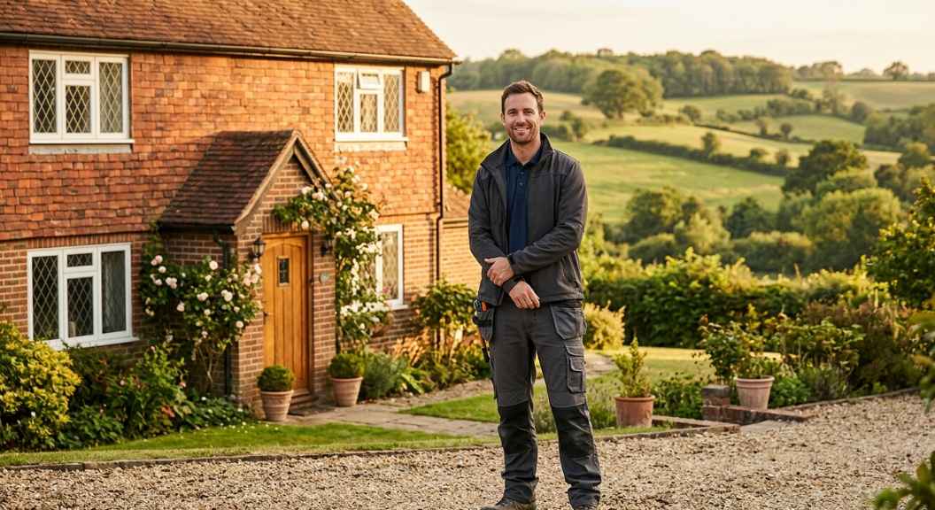 A confident male tradesman in branded workwear standing outside a traditional Kent property with rolling countryside behind him, warm late afternoon light, photorealistic, no text, no logos, professional and approachable expression A confident male tradesman in branded workwear standing outside a traditional Kent property with rolling countryside behind him, warm late afternoon light, photorealistic, no text, no logos, professional and approachable expression