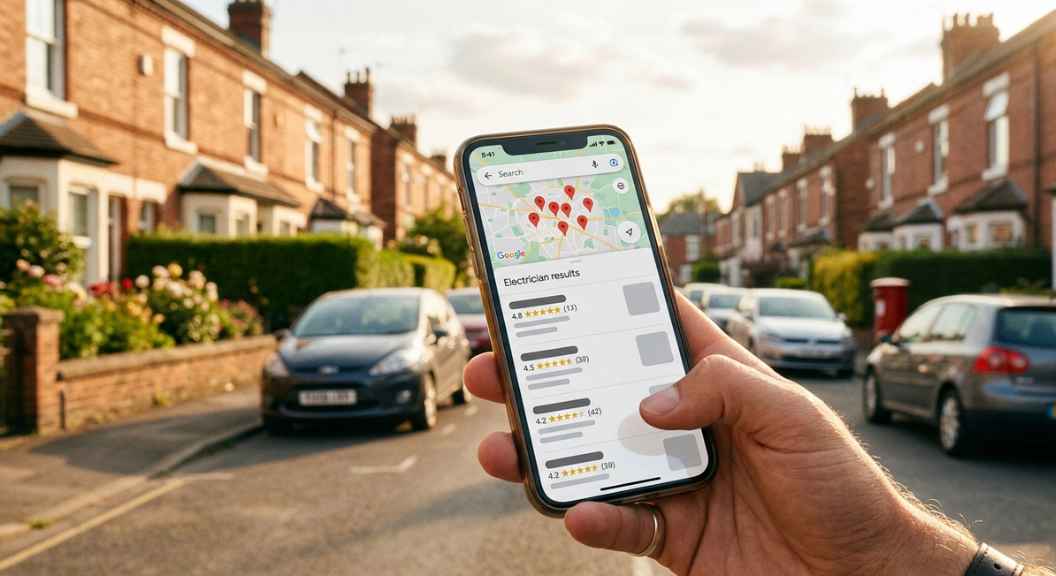 A smartphone screen showing Google Maps local search results for electricians with star ratings visible, warm natural light, photorealistic, no text, UK residential street visible in background A smartphone screen showing Google Maps local search results for electricians with star ratings visible, warm natural light, photorealistic, no text, UK residential street visible in background