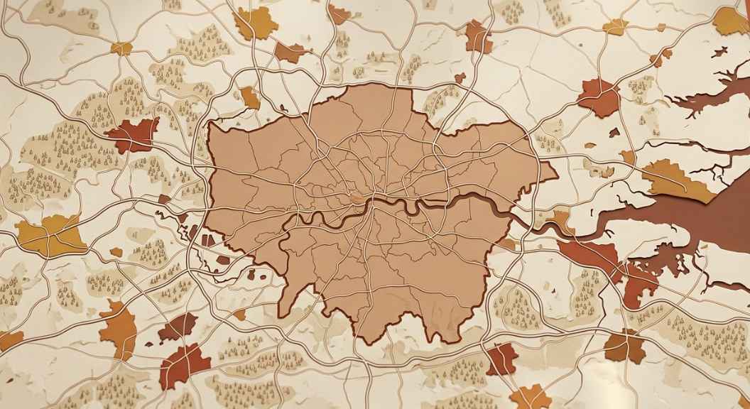 A map-style illustration showing Greater London with surrounding commuter towns highlighted, warm earthy tones, minimal and clean, no text, photorealistic feel A map-style illustration showing Greater London with surrounding commuter towns highlighted, warm earthy tones, minimal and clean, no text, photorealistic feel