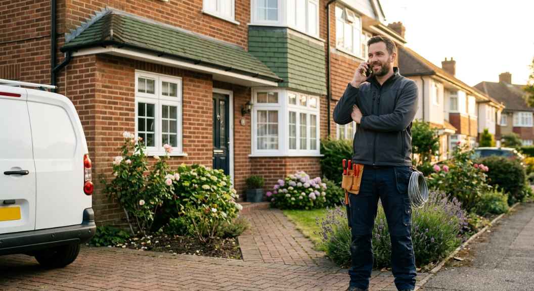 A confident male electrician on a phone call standing outside a UK suburban home, branded workwear, warm daylight, photorealistic, no text, no logos A confident male electrician on a phone call standing outside a UK suburban home, branded workwear, warm daylight, photorealistic, no text, no logos