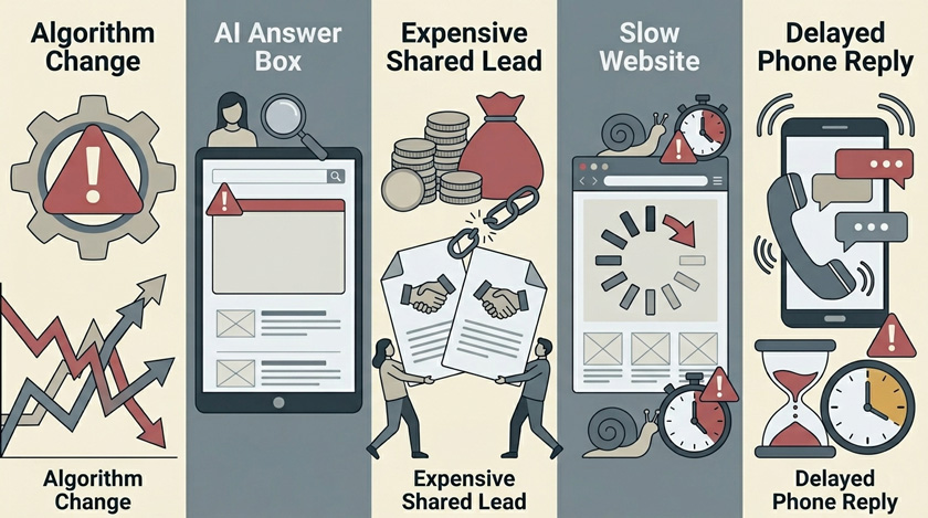 A split-screen concept illustration showing five overlapping warning icons representing algorithm change, AI answer box, expensive shared lead, slow website and delayed phone reply A split-screen concept illustration showing five overlapping warning icons representing algorithm change, AI answer box, expensive shared lead, slow website and delayed phone reply