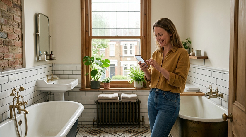 A homeowner standing in a newly serviced bathroom of a Victorian Fulham flat smiling and tapping a review on their phone, natural light through a sash window A homeowner standing in a newly serviced bathroom of a Victorian Fulham flat smiling and tapping a review on their phone, natural light through a sash window
