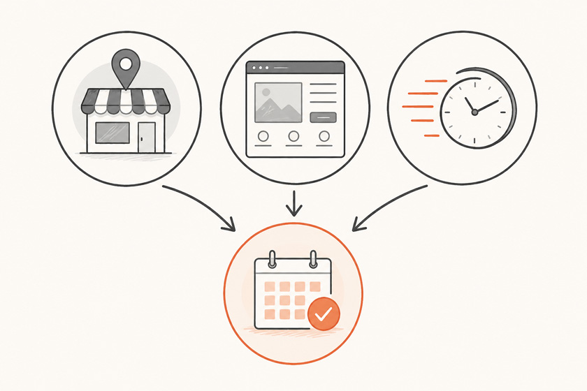 A clean infographic-style diagram showing three connected circles labelled Google Business Profile, Converting Website and Speed to Lead, with arrows flowing into a fourth circle labelled Booked Job A clean infographic-style diagram showing three connected circles labelled Google Business Profile, Converting Website and Speed to Lead, with arrows flowing into a fourth circle labelled Booked Job