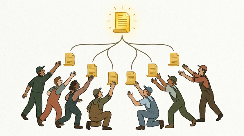 A conceptual visual of a single lead being split into eight identical copies and handed to eight different plumbers reaching out A conceptual visual of a single lead being split into eight identical copies and handed to eight different plumbers reaching out