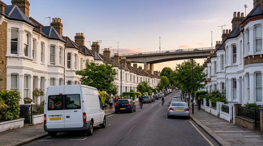 A wide view of a Hammersmith and Fulham residential street with a row of white Victorian terraces and the Hammersmith flyover visible in the distance A wide view of a Hammersmith and Fulham residential street with a row of white Victorian terraces and the Hammersmith flyover visible in the distance