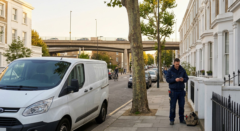 A plumber in dark workwear standing outside a row of white Victorian terraces on Fulham Road in Hammersmith and Fulham with a London plane tree visible, holding his phone A plumber in dark workwear standing outside a row of white Victorian terraces on Fulham Road in Hammersmith and Fulham with a London plane tree visible, holding his phone