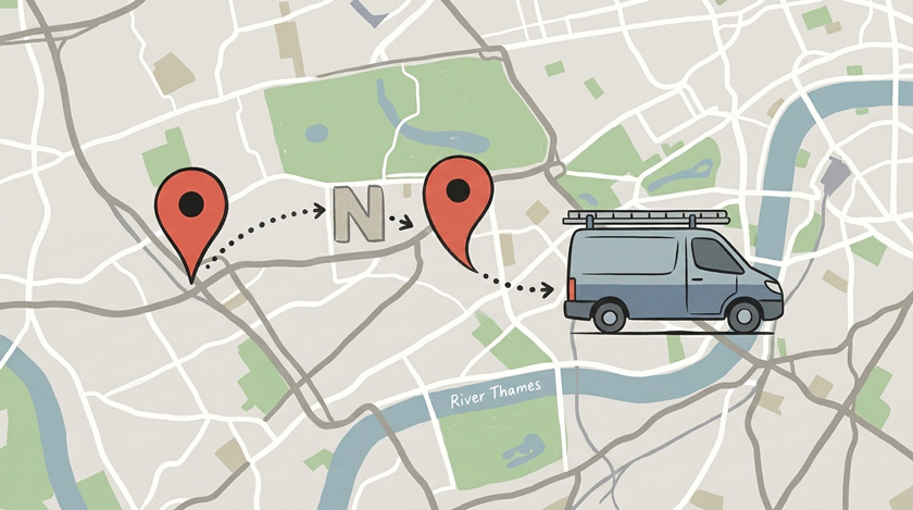 A clean illustrated concept of a Google Maps pin transforming into a plumber's van over a stylised map of inner West London A clean illustrated concept of a Google Maps pin transforming into a plumber's van over a stylised map of inner West London