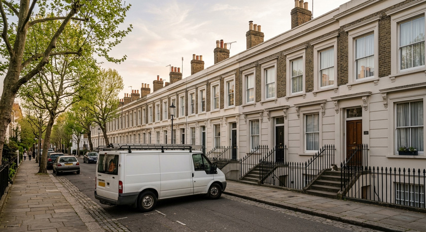 A wide street view of a Georgian terrace in Canonbury, Islington, with characteristic black iron railings and pale stucco-fronted facades, a plumber's white van parked along the kerb, natural evening daylight A wide street view of a Georgian terrace in Canonbury, Islington, with characteristic black iron railings and pale stucco-fronted facades, a plumber's white van parked along the kerb, natural evening daylight