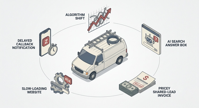 An isometric illustration of a plumber's white van at the centre encircled by five floating obstacles, each representing one of an algorithm shift, an AI search answer box, a pricey shared-lead invoice, a slow-loading website and a delayed callback notification An isometric illustration of a plumber's white van at the centre encircled by five floating obstacles, each representing one of an algorithm shift, an AI search answer box, a pricey shared-lead invoice, a slow-loading website and a delayed callback notification