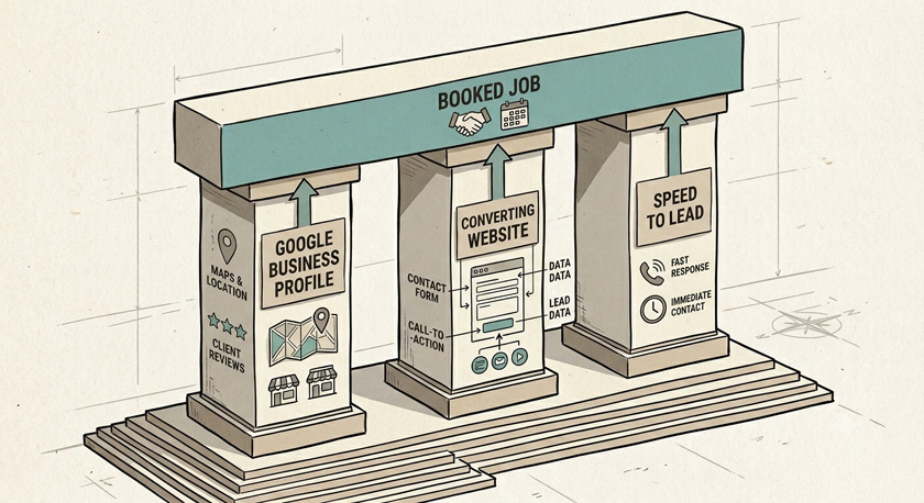 An illustration of three vertical pillars rising from a base, each labelled with one of Google Business Profile, Converting Website and Speed to Lead, supporting a single horizontal beam above them labelled Booked Job An illustration of three vertical pillars rising from a base, each labelled with one of Google Business Profile, Converting Website and Speed to Lead, supporting a single horizontal beam above them labelled Booked Job
