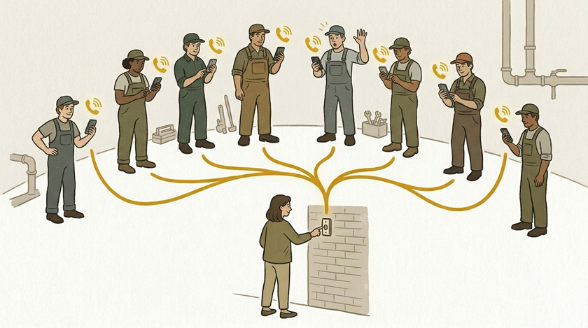 An illustration of a single homeowner pressing a doorbell at the front of the frame, with the doorbell signal split into eight branching lines reaching out to eight different plumbers' phones ringing in the background An illustration of a single homeowner pressing a doorbell at the front of the frame, with the doorbell signal split into eight branching lines reaching out to eight different plumbers' phones ringing in the background