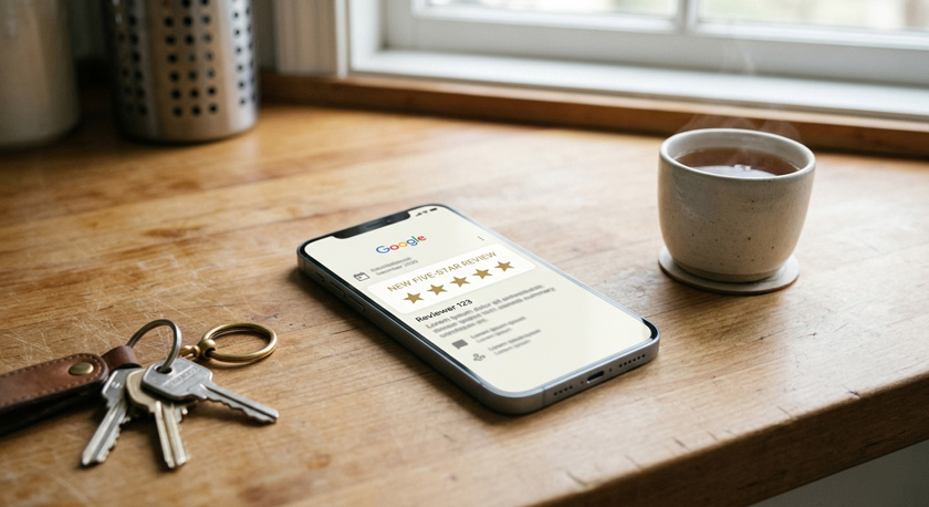 A close-up of a smartphone screen lying face-up on a wooden kitchen counter showing a five-star Google review notification just arriving, a cup of tea and a set of keys nearby on the counter, natural daylight A close-up of a smartphone screen lying face-up on a wooden kitchen counter showing a five-star Google review notification just arriving, a cup of tea and a set of keys nearby on the counter, natural daylight
