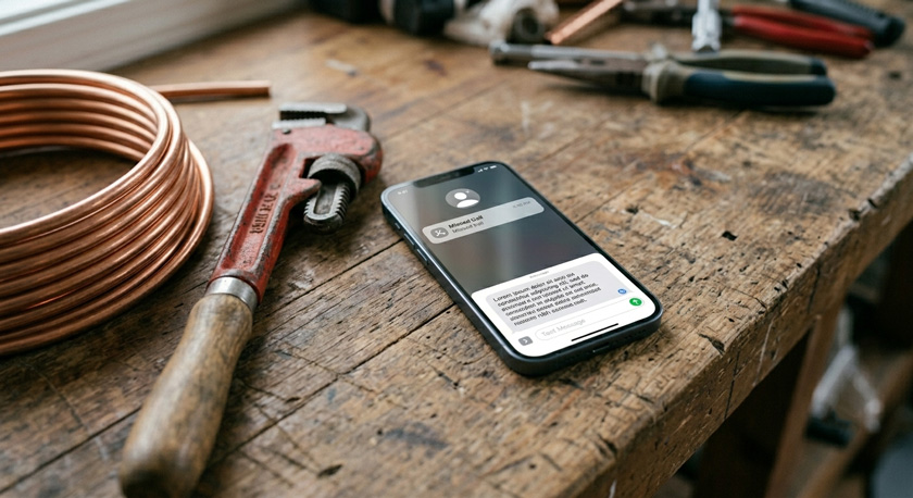 A close-up of a smartphone screen showing a missed-call notification at the top and an automated SMS reply being sent below it, the phone resting on a workbench beside a coil of copper pipe and a pipe wrench A close-up of a smartphone screen showing a missed-call notification at the top and an automated SMS reply being sent below it, the phone resting on a workbench beside a coil of copper pipe and a pipe wrench