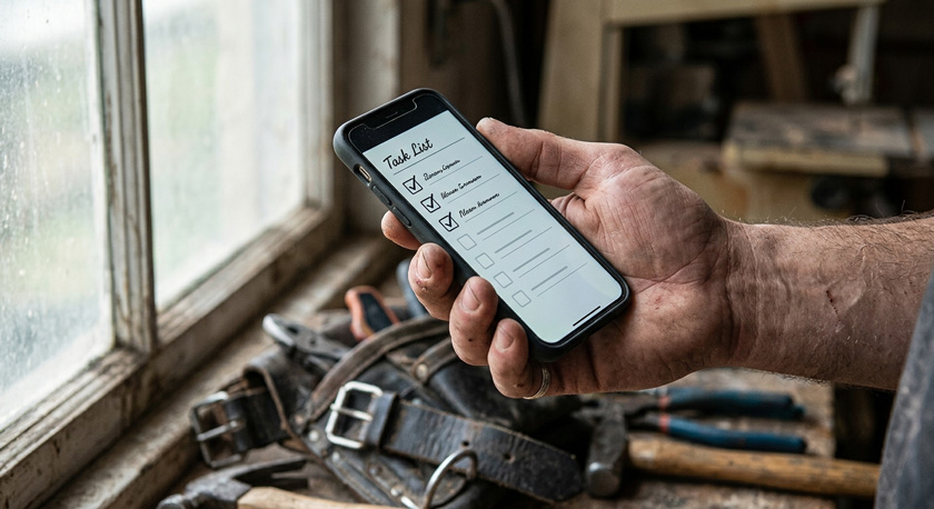 A close-up of a smartphone held in a tradesperson's hand showing a Monday morning task list with three checkboxes ticked off, a tool belt blurred in the background, natural daylight from a side window A close-up of a smartphone held in a tradesperson's hand showing a Monday morning task list with three checkboxes ticked off, a tool belt blurred in the background, natural daylight from a side window