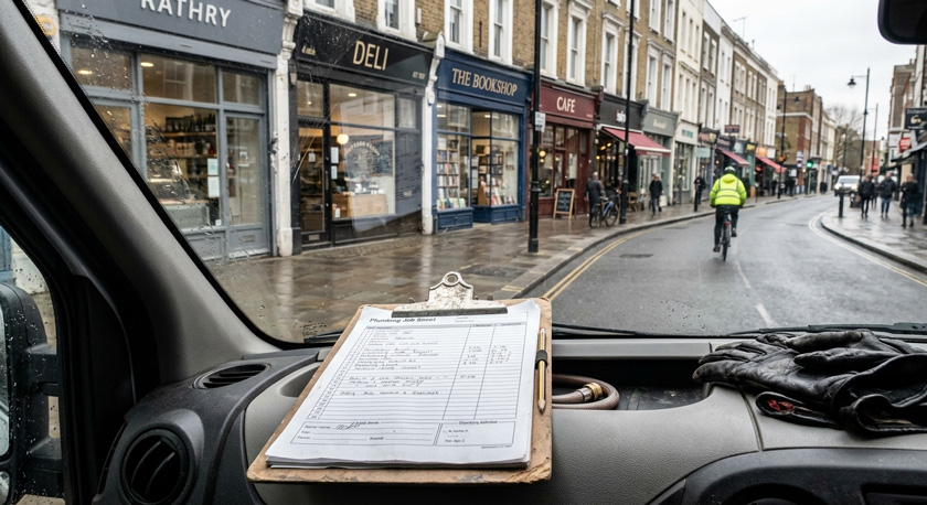 View through the windscreen of a plumber's van parked on Upper Street in Islington, busy independent shopfronts and a cyclist visible ahead through the glass, a clipboard with a job sheet resting on the dashboard View through the windscreen of a plumber's van parked on Upper Street in Islington, busy independent shopfronts and a cyclist visible ahead through the glass, a clipboard with a job sheet resting on the dashboard