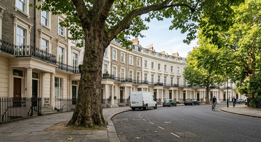 A wide street view of a stucco-fronted Victorian terrace along a leafy Kensington crescent with a mature plane tree in the foreground, a plumber's white van parked discreetly to one side A wide street view of a stucco-fronted Victorian terrace along a leafy Kensington crescent with a mature plane tree in the foreground, a plumber's white van parked discreetly to one side