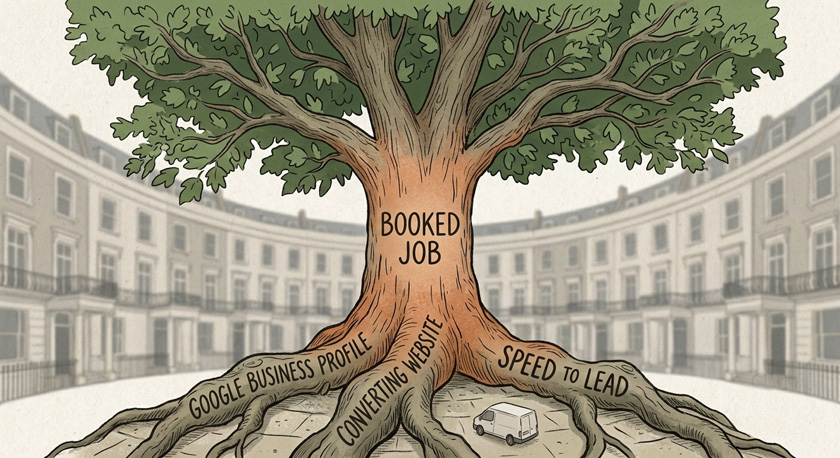 An illustration of a tree with three thick roots labelled Google Business Profile, Converting Website and Speed to Lead growing upward into a single trunk labelled Booked Job An illustration of a tree with three thick roots labelled Google Business Profile, Converting Website and Speed to Lead growing upward into a single trunk labelled Booked Job