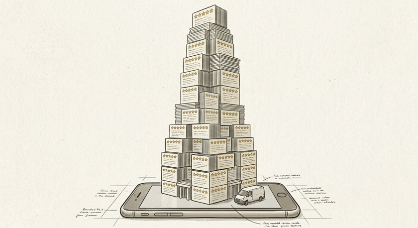 An illustration of a tall building constructed entirely of stacked five-star review cards rising from the base of a smartphone like a skyscraper An illustration of a tall building constructed entirely of stacked five-star review cards rising from the base of a smartphone like a skyscraper