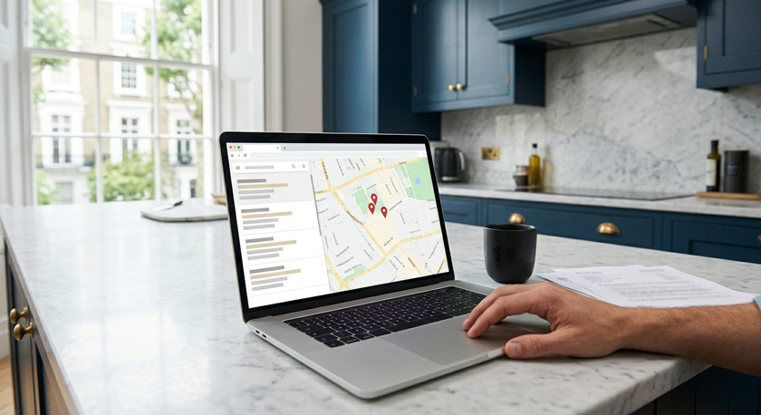 A laptop on a desk in a high-end Kensington kitchen showing Google Maps zoomed in with three plumber pins highlighted in the local pack, a coffee cup nearby, natural daylight from a window