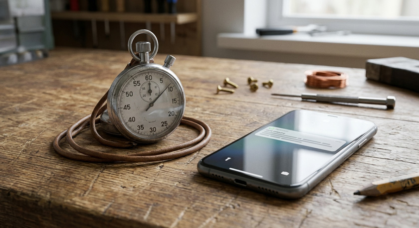 A stopwatch resting on a workbench beside a smartphone showing a new enquiry notification arriving on the screen