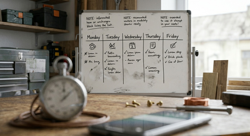 A wall-mounted whiteboard in a tradesperson's workshop showing a simple Monday-to-Friday weekly plan with three short notes written across the top, blurred tools in the foreground