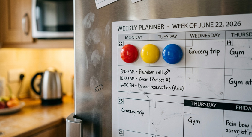 A wall-mounted cork noticeboard with a printed weekly planner pinned to it and three coloured pushpins placed on Monday's slots, photorealistic