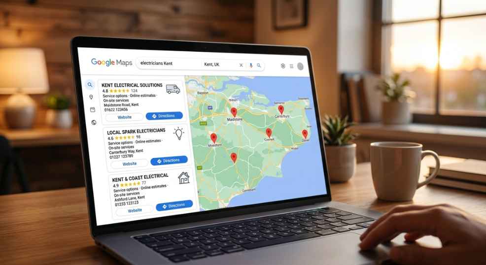 A Google Maps view on a laptop screen showing the local pack results for a search in Kent, three business listings visible with star ratings, warm office background, photorealistic, no real business names, no logos A Google Maps view on a laptop screen showing the local pack results for a search in Kent, three business listings visible with star ratings, warm office background, photorealistic, no real business names, no logos