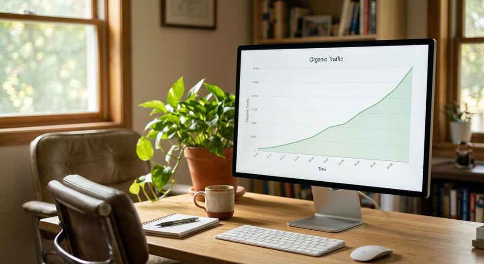 An upward trending organic traffic graph on a computer screen, clean and simple, warm office setting, desk plant visible in background, photorealistic, no real data, no logos, no text on screen An upward trending organic traffic graph on a computer screen, clean and simple, warm office setting, desk plant visible in background, photorealistic, no real data, no logos, no text on screen