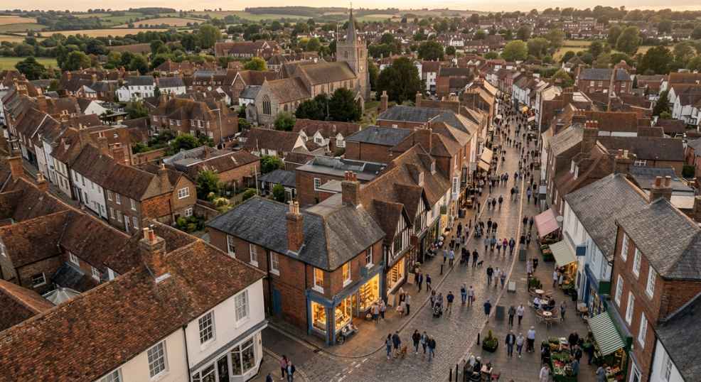 A Kent high street scene from above, busy with foot traffic, small business shop fronts visible, one business illuminated with a soft warm glow suggesting it stands out from the others, photorealistic, golden hour light, no logos, no text A Kent high street scene from above, busy with foot traffic, small business shop fronts visible, one business illuminated with a soft warm glow suggesting it stands out from the others, photorealistic, golden hour light, no logos, no text