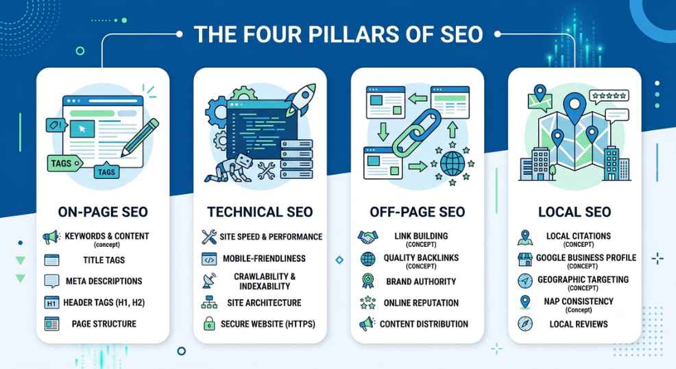 A clean infographic showing the four pillars of SEO including on-page, technical, off-page and local SEO, with icons representing each pillar, flat design, blue white and green colour palette, no real data, no logos A clean infographic showing the four pillars of SEO including on-page, technical, off-page and local SEO, with icons representing each pillar, flat design, blue white and green colour palette, no real data, no logos