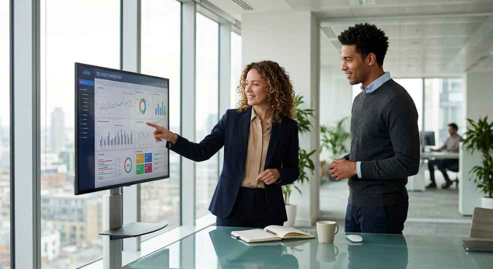 A marketing agency meeting in a bright modern office, two people reviewing an SEO audit report on a large monitor, professional but relaxed atmosphere, photorealistic, no logos, no text visible on screens A marketing agency meeting in a bright modern office, two people reviewing an SEO audit report on a large monitor, professional but relaxed atmosphere, photorealistic, no logos, no text visible on screens