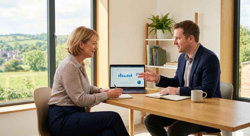 A business owner in Kent sitting across from an SEO consultant at a bright modern desk, both looking at a laptop screen showing website analytics, professional but approachable atmosphere, photorealistic, warm natural light from a window, no logos, no text A business owner in Kent sitting across from an SEO consultant at a bright modern desk, both looking at a laptop screen showing website analytics, professional but approachable atmosphere, photorealistic, warm natural light from a window, no logos, no text