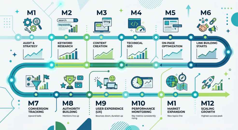 A clean timeline graphic showing SEO progress over twelve months with upward trending results at each stage, flat design, blue and green colour palette, simple icons representing key milestones, no logos, no real data A clean timeline graphic showing SEO progress over twelve months with upward trending results at each stage, flat design, blue and green colour palette, simple icons representing key milestones, no logos, no real data