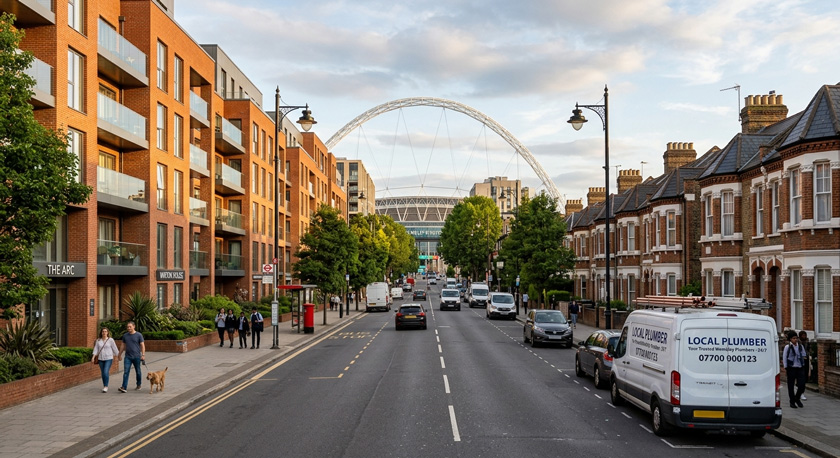 A wide street view of a residential Wembley Park road with red-brick new-build apartment blocks on one side and Victorian terraces on the other, the distinctive Wembley Stadium arch clearly visible on the skyline A wide street view of a residential Wembley Park road with red-brick new-build apartment blocks on one side and Victorian terraces on the other, the distinctive Wembley Stadium arch clearly visible on the skyline
