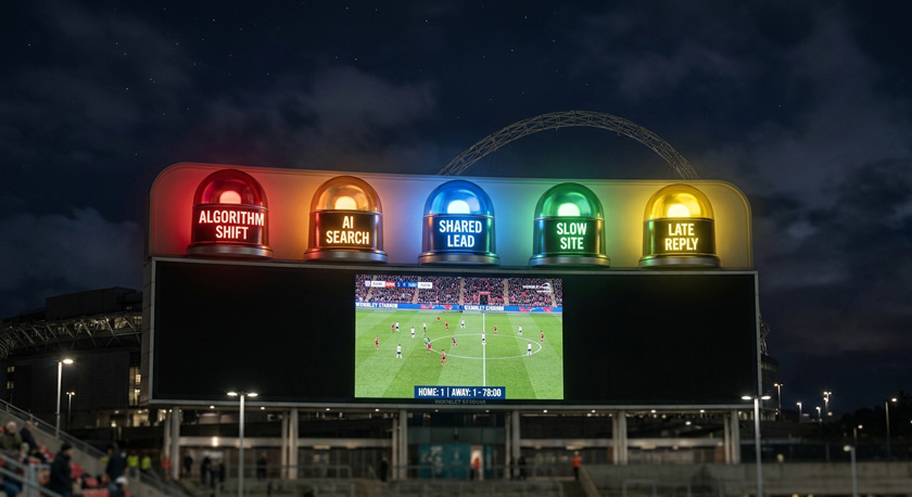 A photo of a large stadium scoreboard displayed against a night sky, with five illuminated warning lights arranged in a row along the top of the board, each light labelled with one of the obstacles (algorithm shift, AI search, shared lead, slow site, late reply)