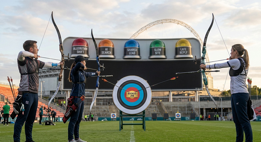 A photo of three archers on the ground firing arrows simultaneously from three bows, each bow labelled (Google Business Profile, Converting Website, Speed to Lead)