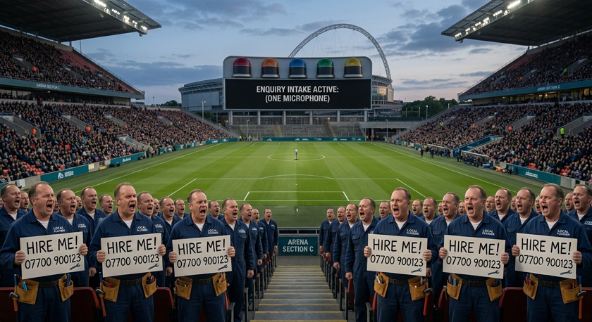 A photo of a stadium crowd stand with eight identical plumbers holding placards and shouting toward a single small microphone at the centre of the arena, suggesting one enquiry being shouted at by eight competitors