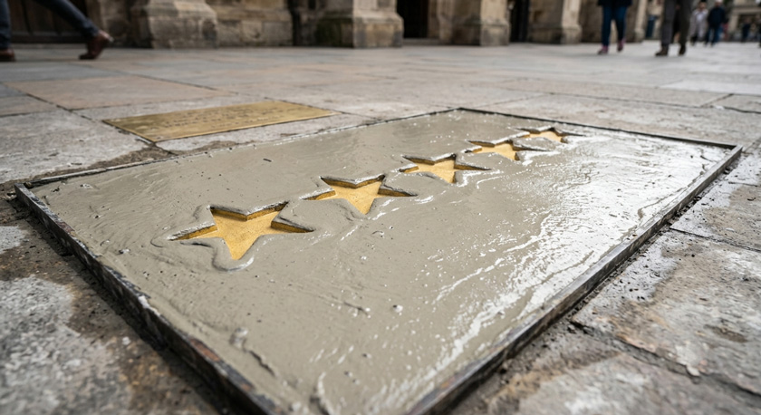 A photo of five golden star shapes freshly pressed into a slab of wet cement, forming a permanent legacy record like handprints on a Hollywood pavement, the cement's surface still slightly wet-looking