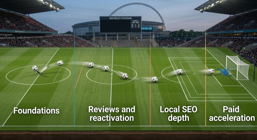 A photo of a football pitch shown from above in cross-section, with a football moving from left to right through three progressive stages of play (kickoff, midfield, penalty area) each labelled (Foundations, Reviews and reactivation, Local SEO depth), and a smaller fourth stage at the goal at the far right labelled Paid acceleration