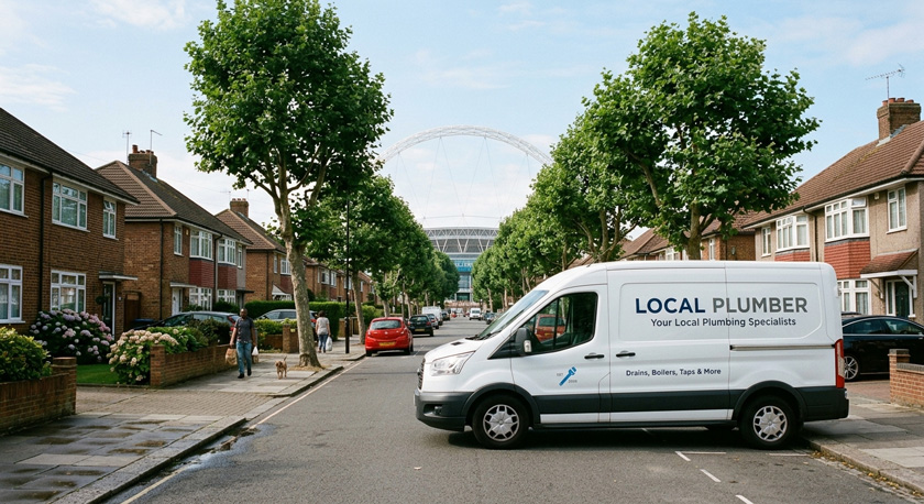 A plumber's white van parked along a residential Wembley Park street with the distinctive Wembley Stadium arch clearly visible in the middle distance against an open sky, natural mid-morning daylight