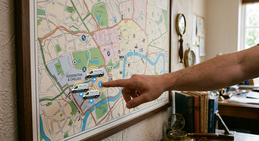 A photo of a hand extended into the frame pointing at three plumber van markers highlighted on a large wall-mounted stylised map of a London borough